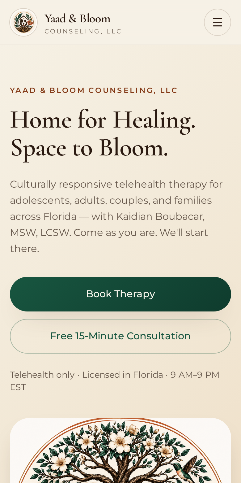 Mobile view of the Yaad & Bloom Counseling website