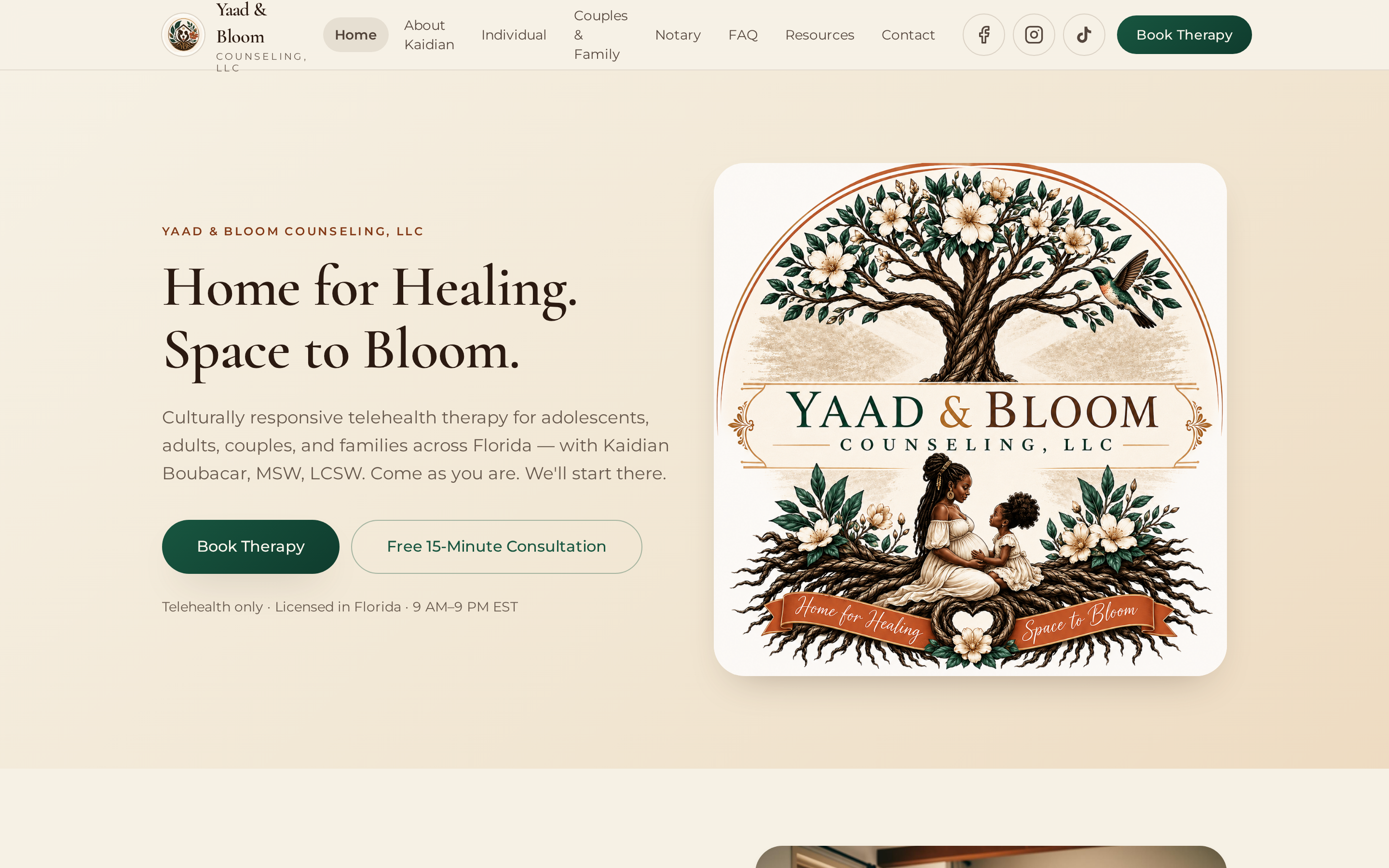 Desktop view of the Yaad & Bloom Counseling website homepage built by TailorMade AI
